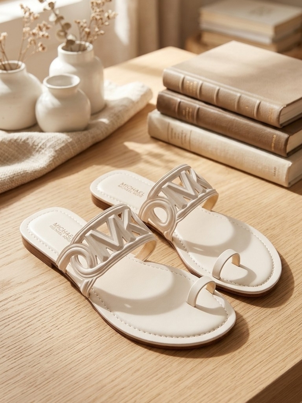 Michael Kors Women’s Cream MK Logo Toe-Ring‎ Slide Sandals